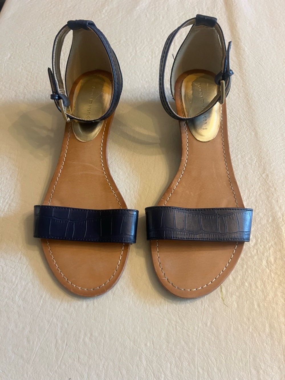 Tommy Hilfiger Navy Croc-Embossed Ankle-Strap Sandals